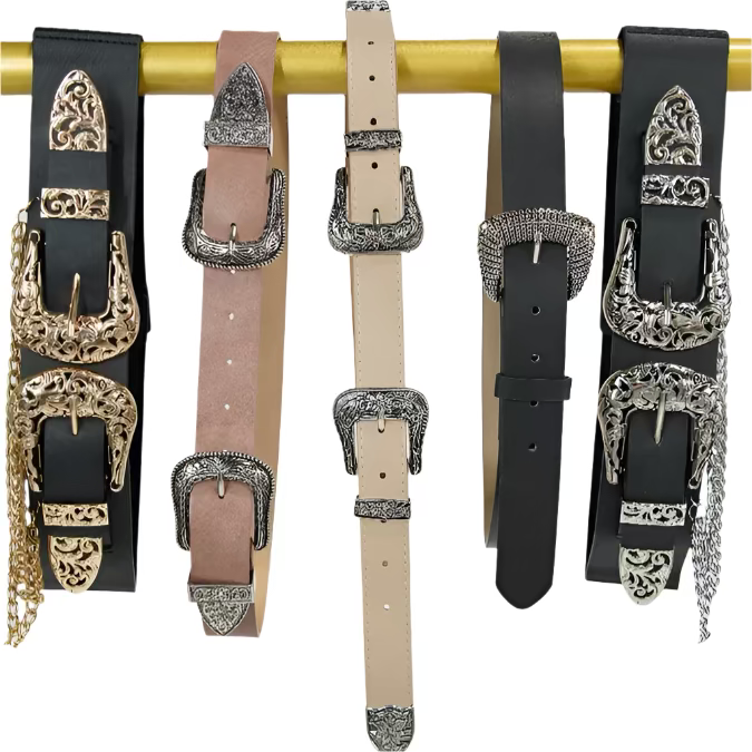 A close-up of a black leather belt with a metallic chain-like pattern and a buckle.