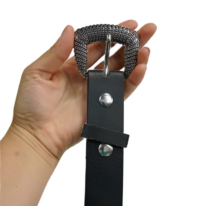 A close-up of a black leather belt with a metallic chain-like pattern and a buckle.