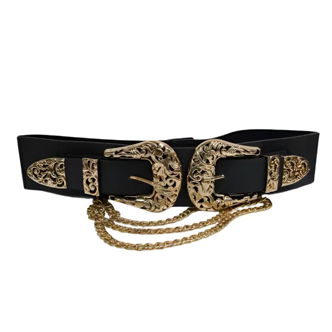 A black belt with gold-colored double buckles and a decorative element in the center, displayed on a white marble background.