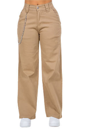 A pair of khaki cargo pants with multiple pockets and an adjustable waistband, displayed on a model.