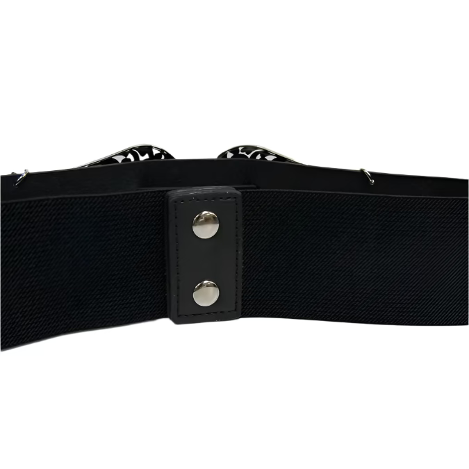 A black belt with a double buckle design and a decorative metal buckle, placed on a white marble surface.