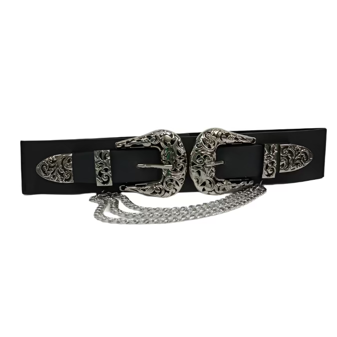 A black belt with a double buckle design and a decorative metal buckle, placed on a white marble surface.