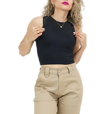 Woman wearing a black top and beige pants on a white background