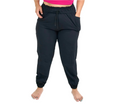 A pair of black relaxed joggers with a drawstring waist, featuring side pockets below the waistband.