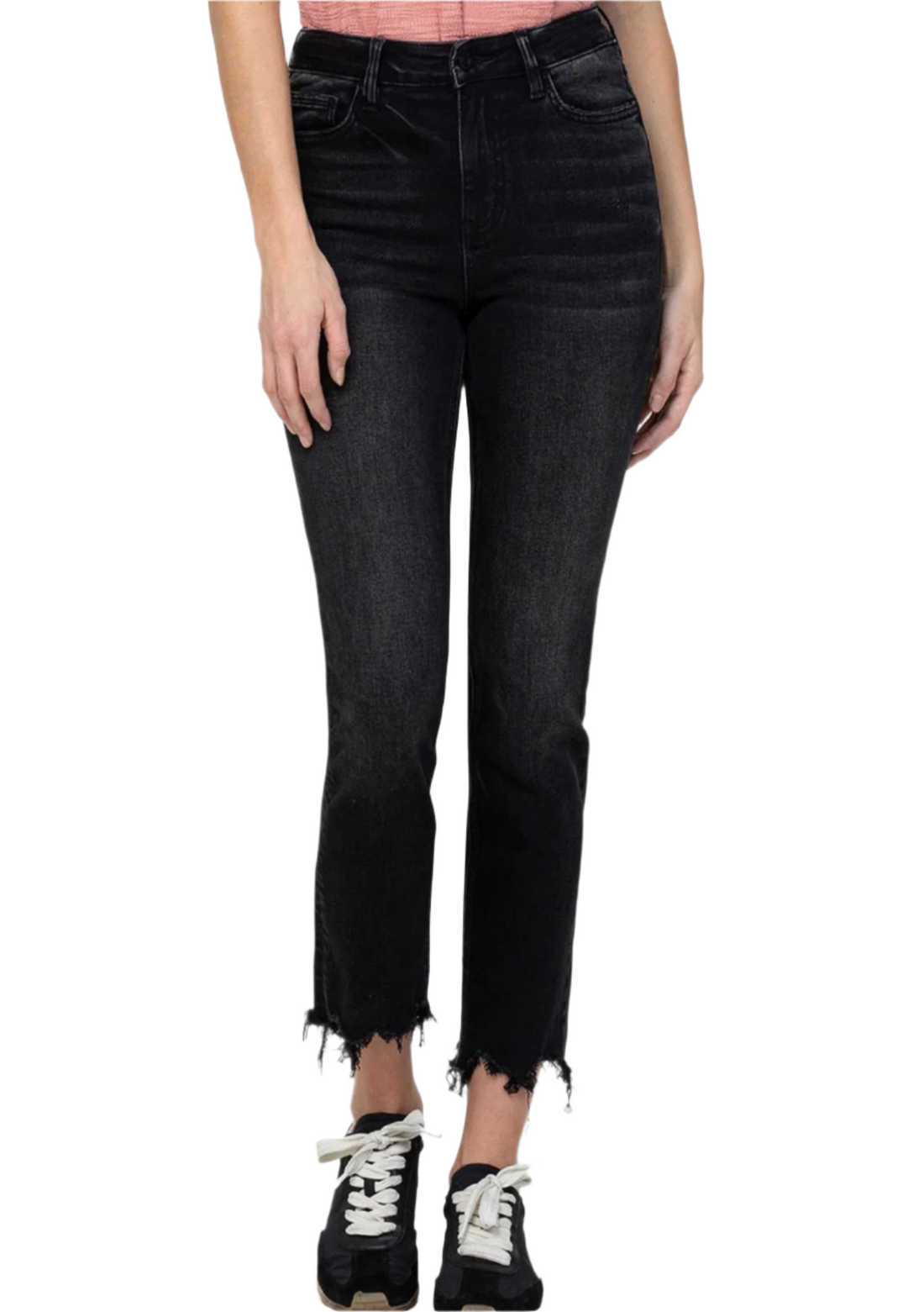 A pair of straight leg black jeans with a high waist, shown from the waist to the ankle, with a person standing and posing.