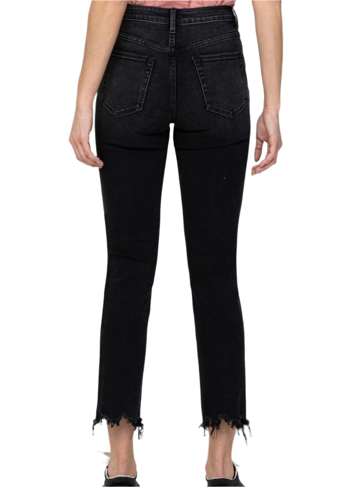 A pair of straight leg black jeans with a high waist, shown from the waist to the ankle, with a person standing and posing.