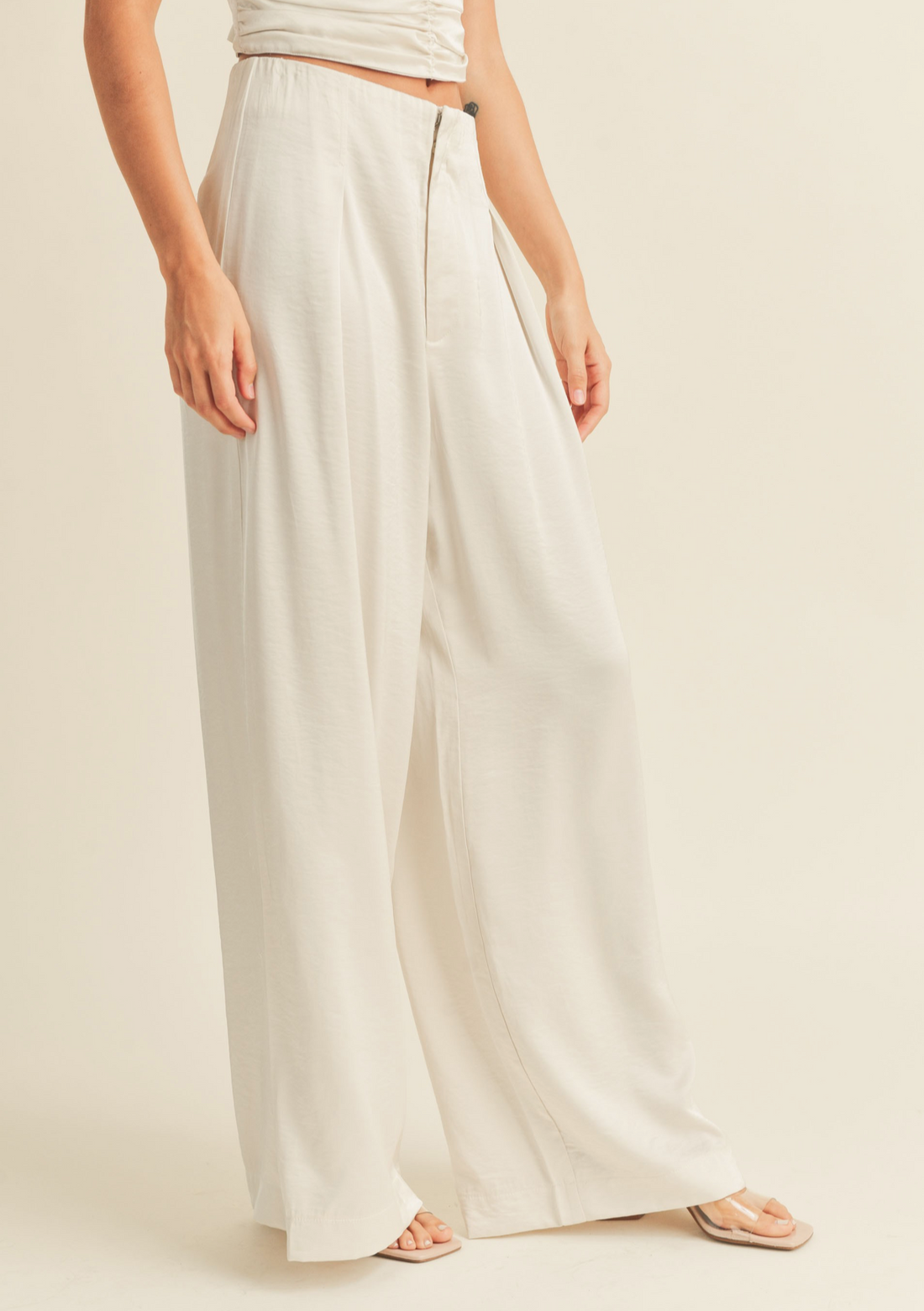 Beige wide-leg pants worn by a person on a white background