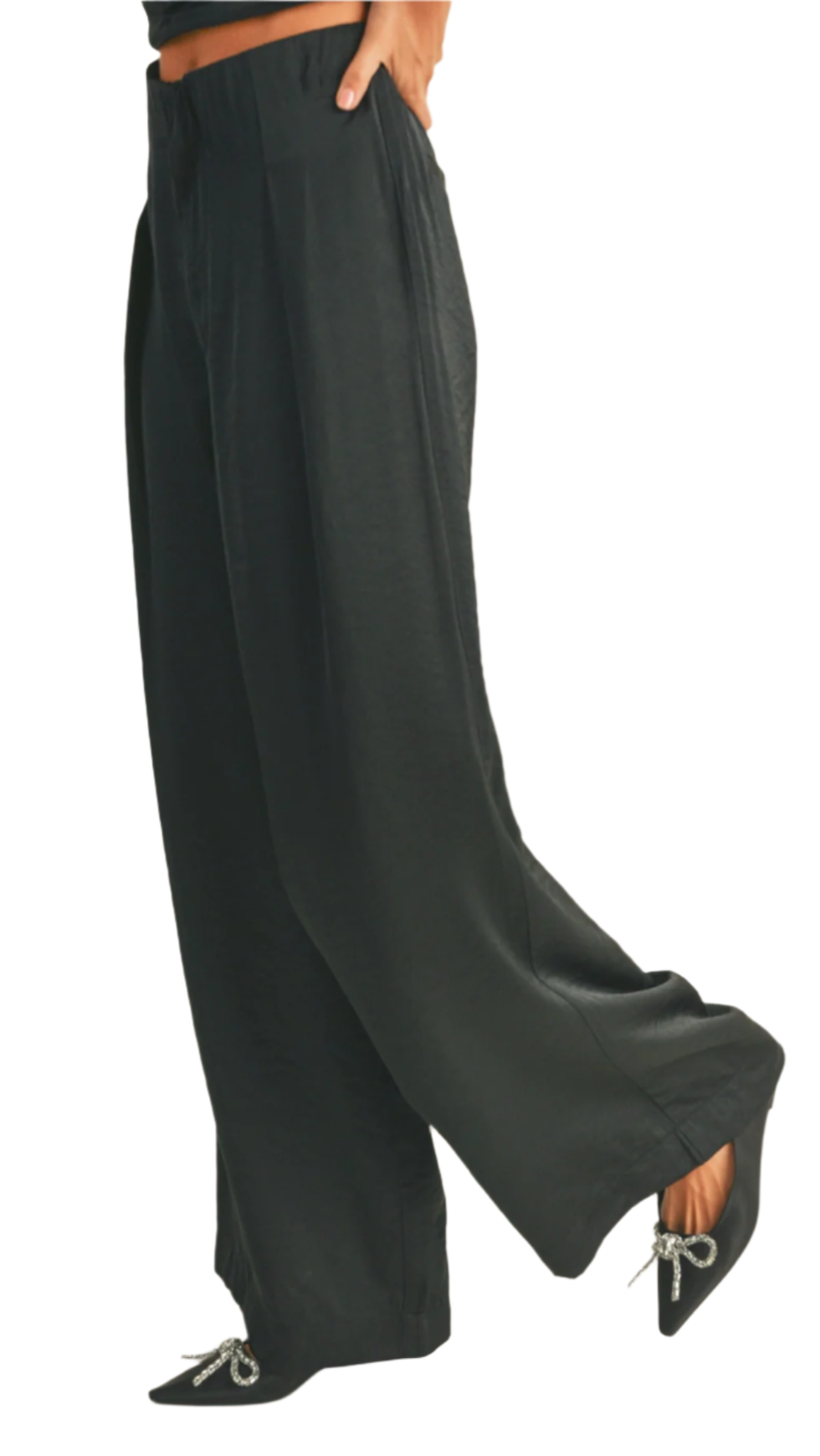 Black wide-leg pants worn by a person on a white background