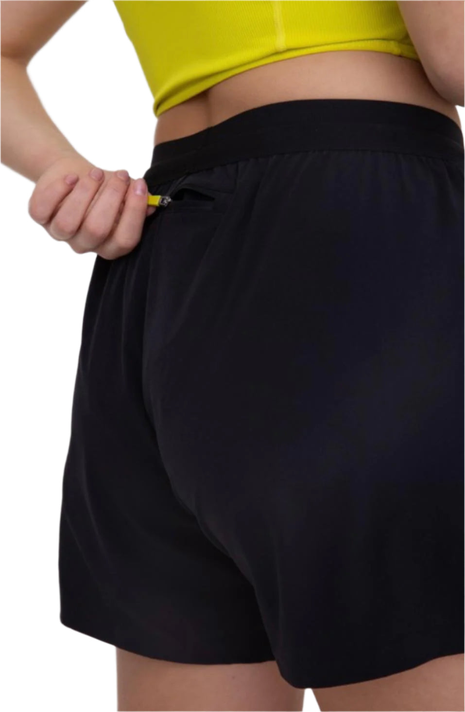 A pair of black active shorts with a yellow elastic waistband, designed for physical activities with multiple pockets.