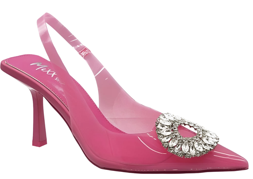 A pair of pink rhinestone closed toe slingback pumps.