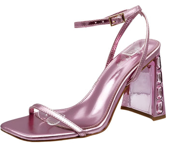 A pair of pink block heel sandals with ankle straps and a square toe.