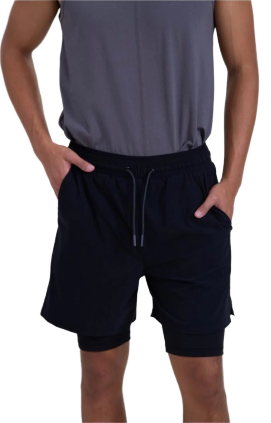 A person wearing a gray tank top and black shorts with a drawstring waistband.