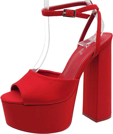 A red, open-toe platform heel with a block sole and a small ankle strap with a buckle.