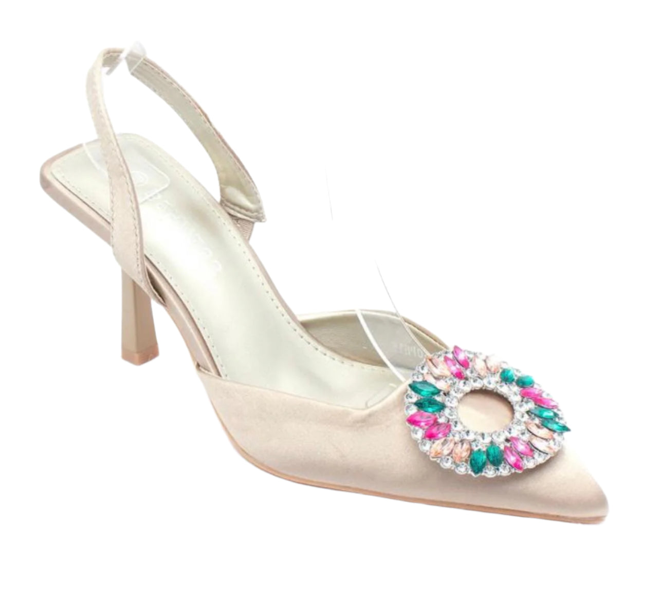 A pair of beige satin slingback pumps with a pointed toe and a multicolored floral-shaped crystal-embellished buckle.