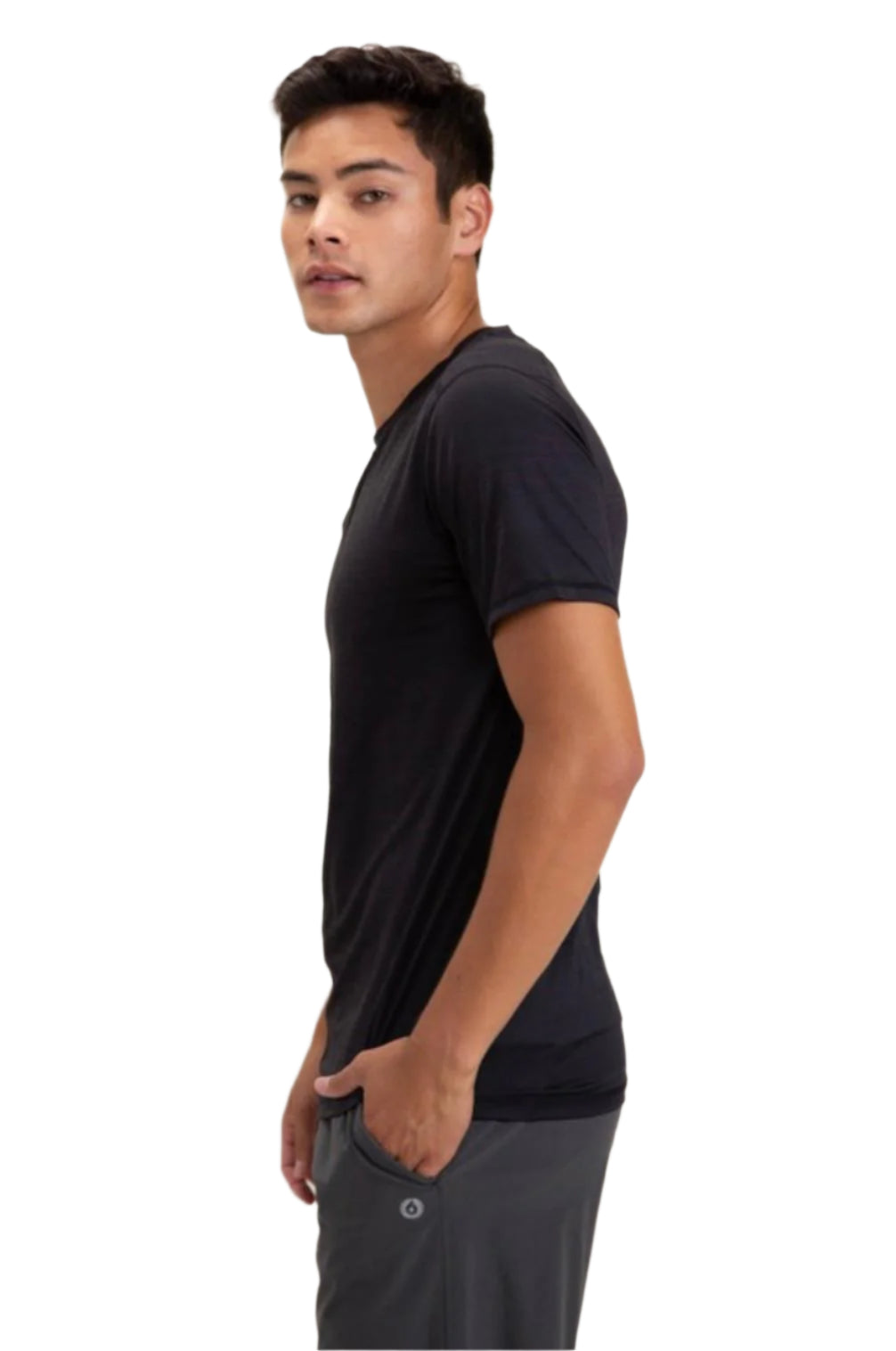A man wearing a black short-sleeved crew-neck t-shirt.