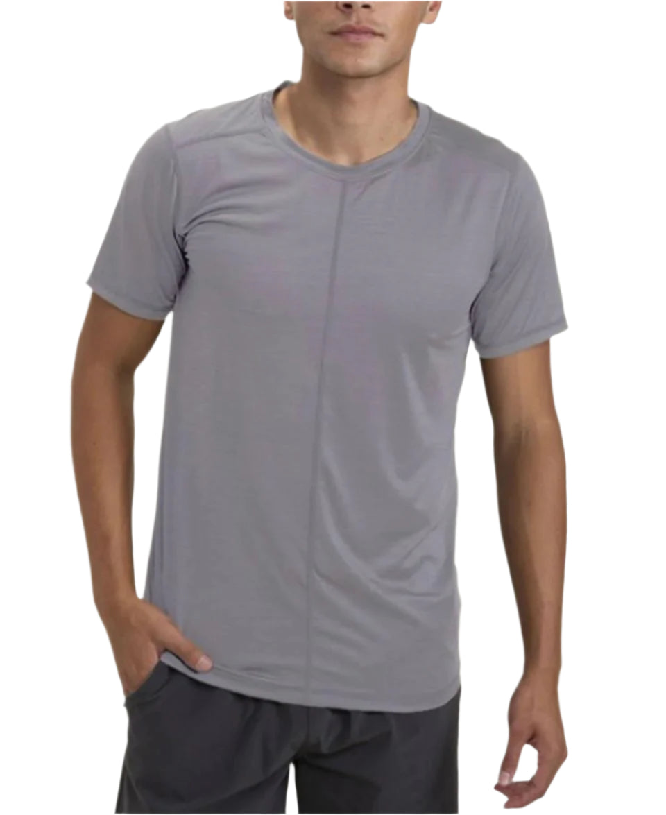 Man wearing a gray t-shirt on a white background