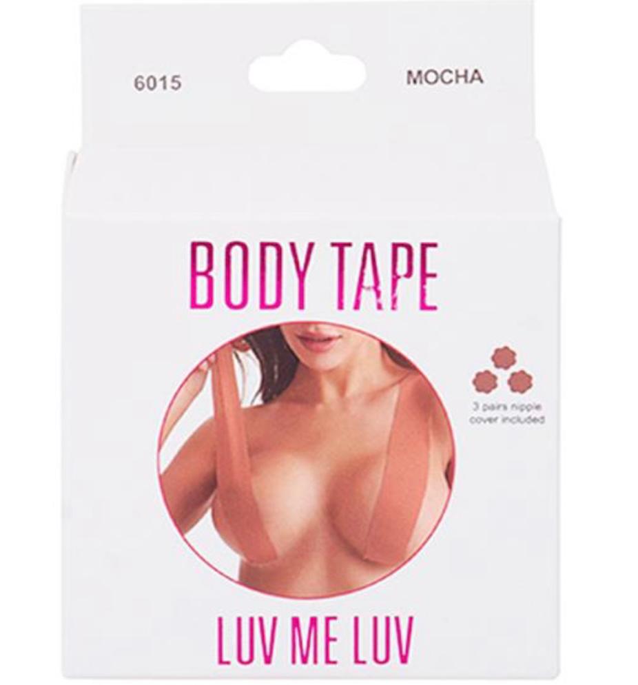 Packaging for Body Tape with a picture of a woman wearing the tape and a visual representation of the product which includes 3 pairs of tape and nipple cover.