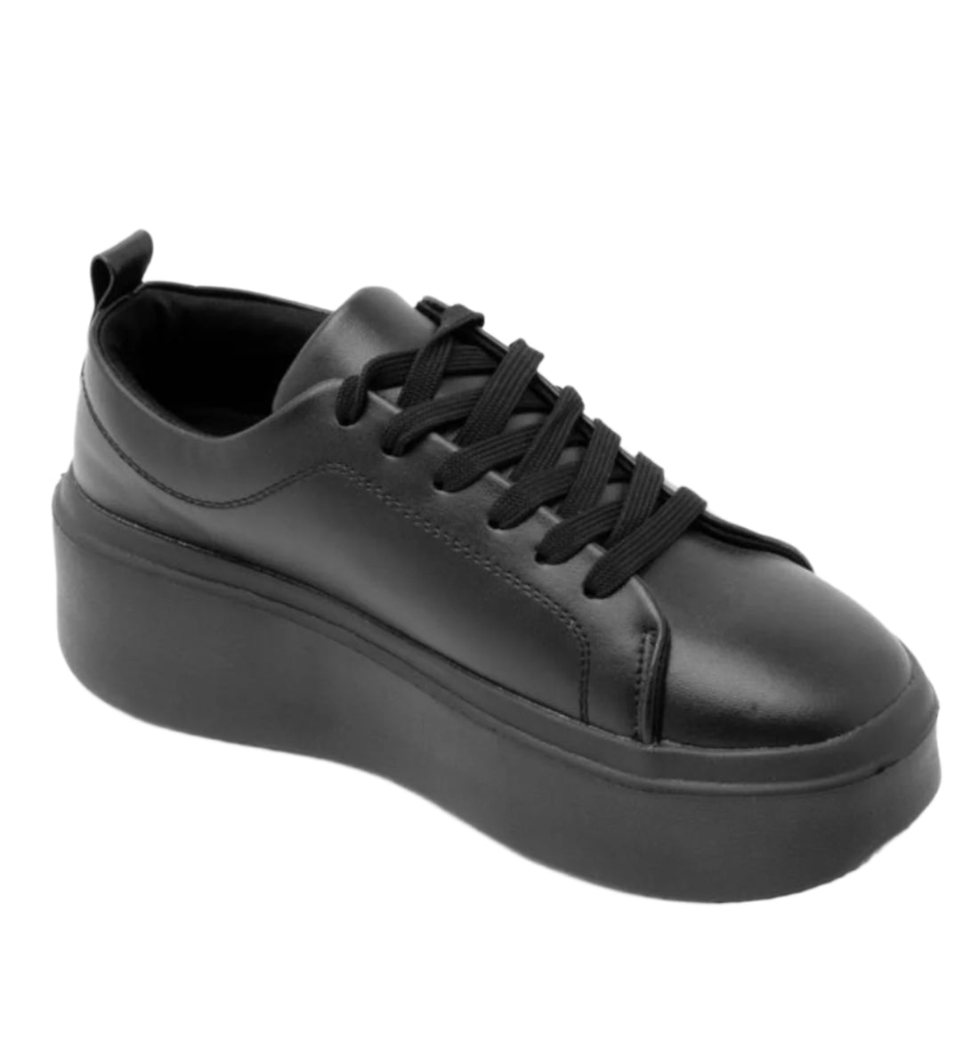 A black basic platform sneaker with lace-up closure and a thick white sole.
