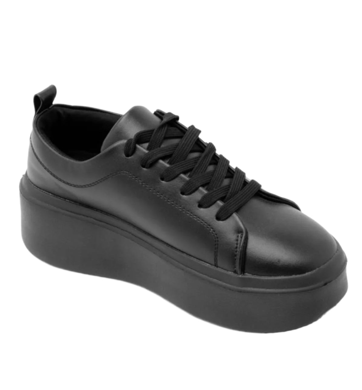 A black basic platform sneaker with lace-up closure and a thick white sole.