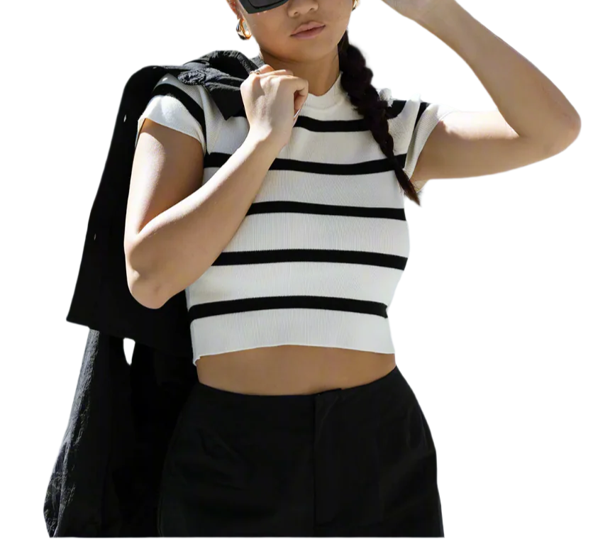 Person wearing a black and white striped shirt with sunglasses and a black jacket over shoulders.
