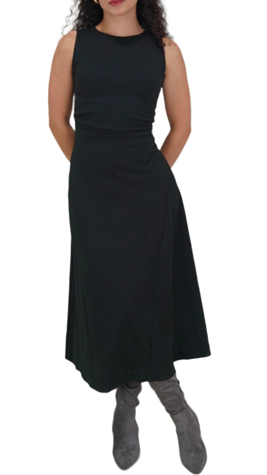 Woman wearing a black sleeveless dress on a white background