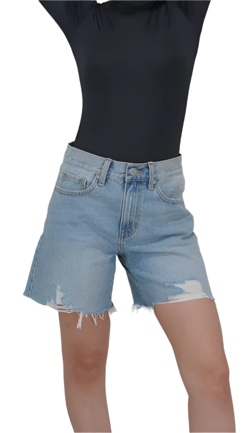 A pair of high-waisted, light denim shorts with a distressed design, featuring a button-up front and a pair of hands posed in the air behind the model.