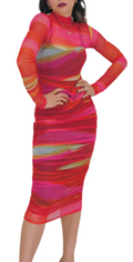Woman wearing a colorful dress with a white background