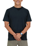 Man wearing a black t-shirt and beige shorts on a white background