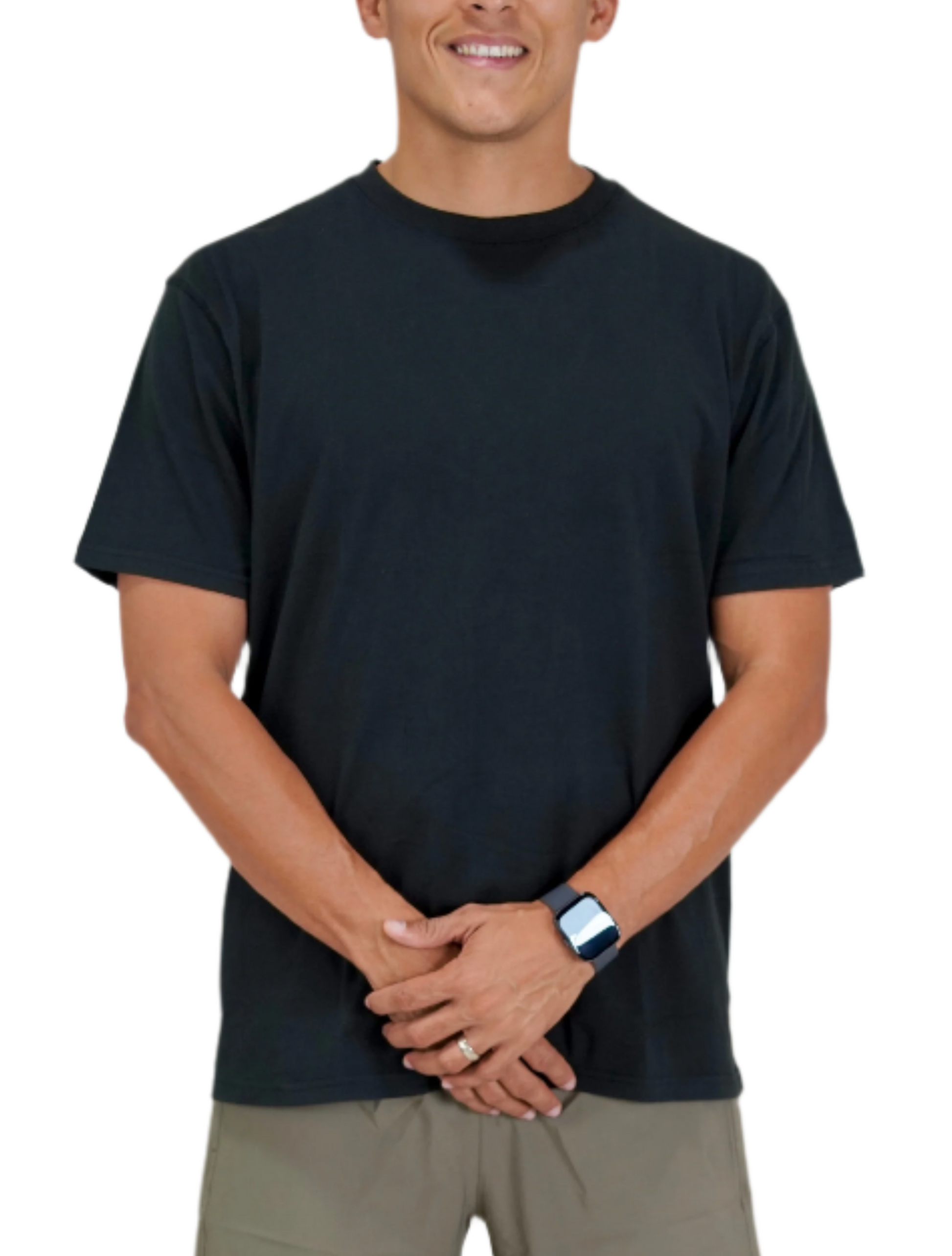 Man wearing a black t-shirt and beige shorts on a white background