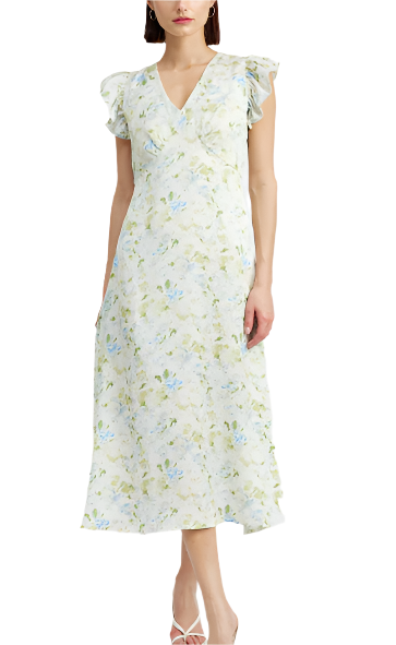 Woman wearing a floral dress on a white background