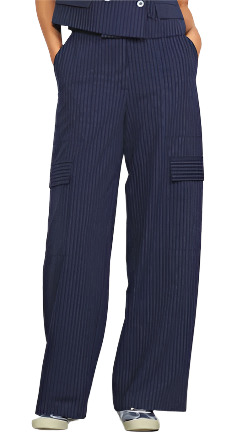 A model wearing navy blue wide leg pants with a striped pattern, featuring multiple pockets.