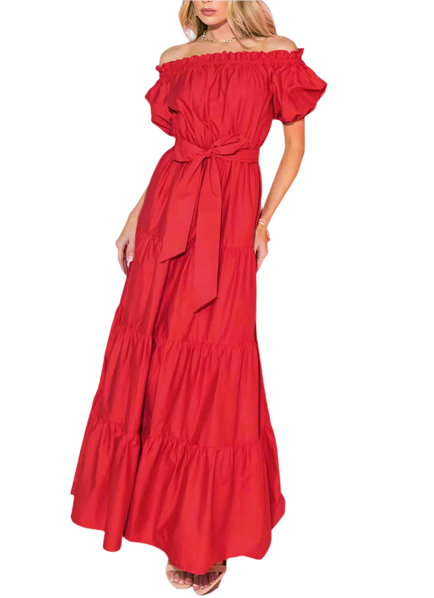 Red off-shoulder maxi dress on a plain background