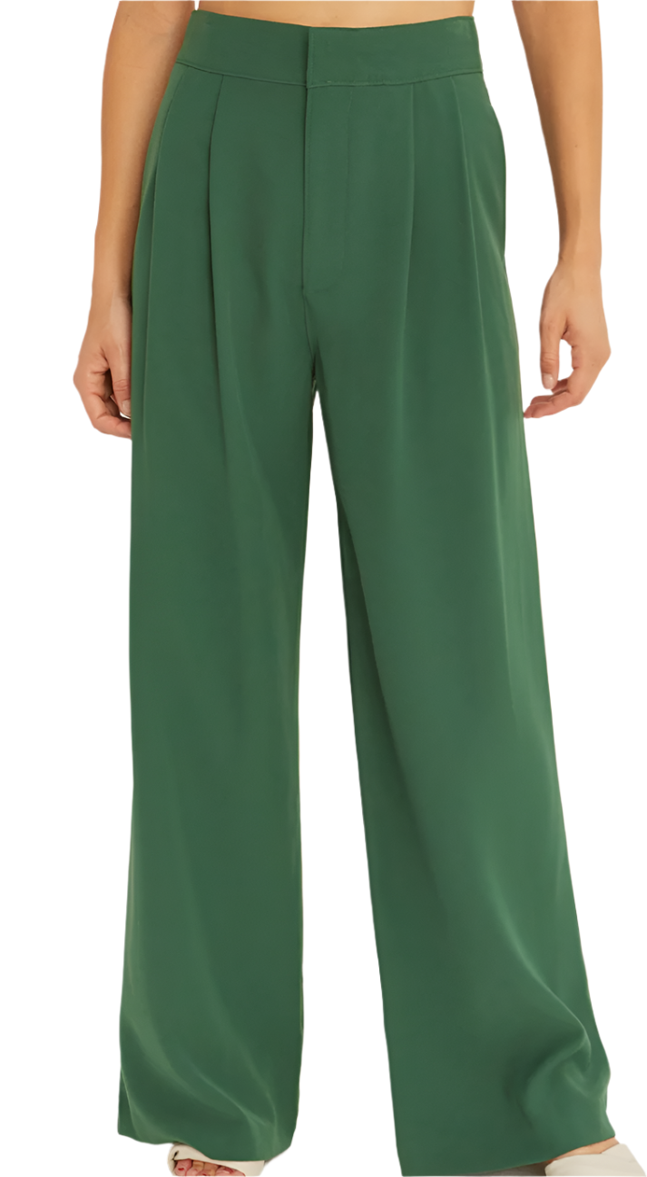 A pair of forest green straight-leg pleated trouser pants with a clean finished interior.