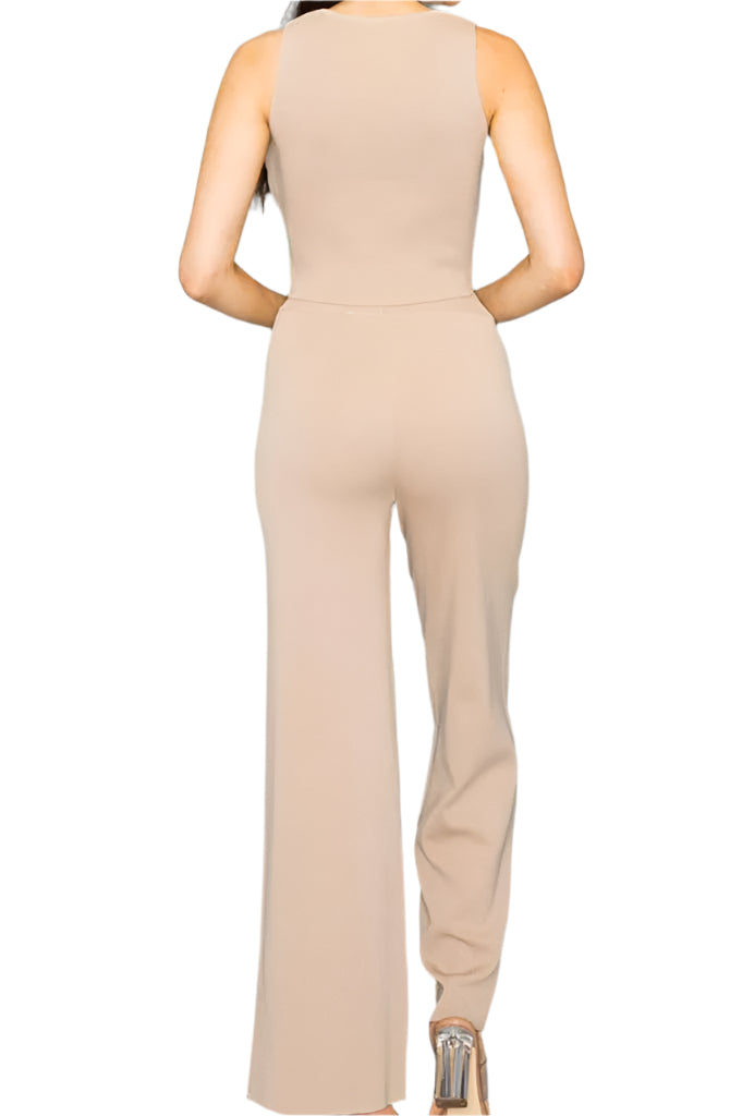 A sleeveless, cropped top and high waist pants set in a mocha color, with elastic waistband on the pants.