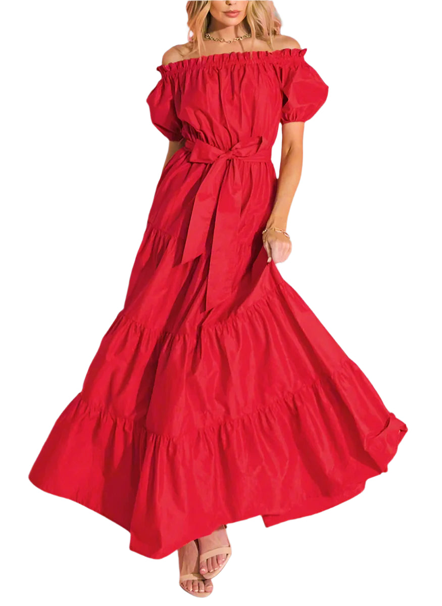 Red off-shoulder maxi dress on a plain background